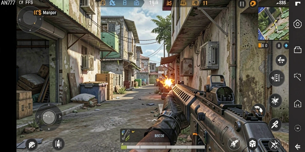 Screenshot AN777 menampilkan aksi tembak-menembak yang intens dalam mode FPS.