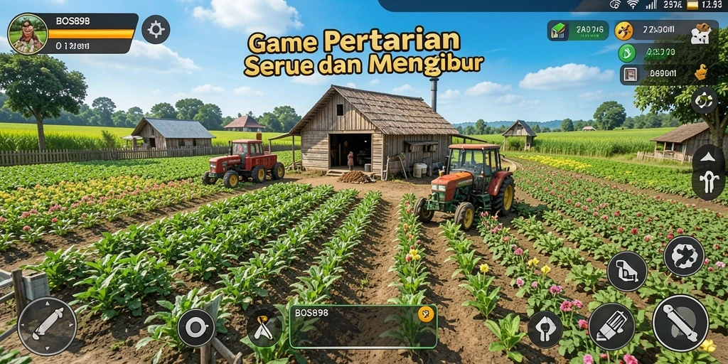 Screenshot menampilkan gameplay BOS898 dengan ladang yang subur dan hewan menggemaskan.