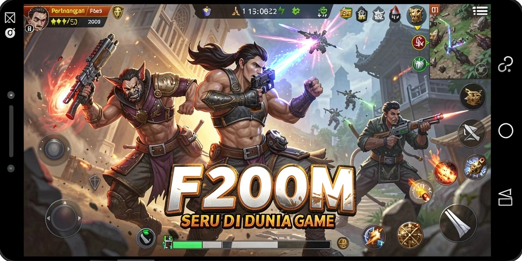 Gameplay F200M menampilkan pertarungan seru antar karakter dengan grafis yang menawan.