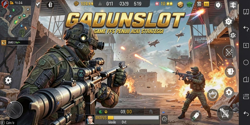 Tampilan gameplay seru dalam GADUNSLOT dengan aksi menembak intens.