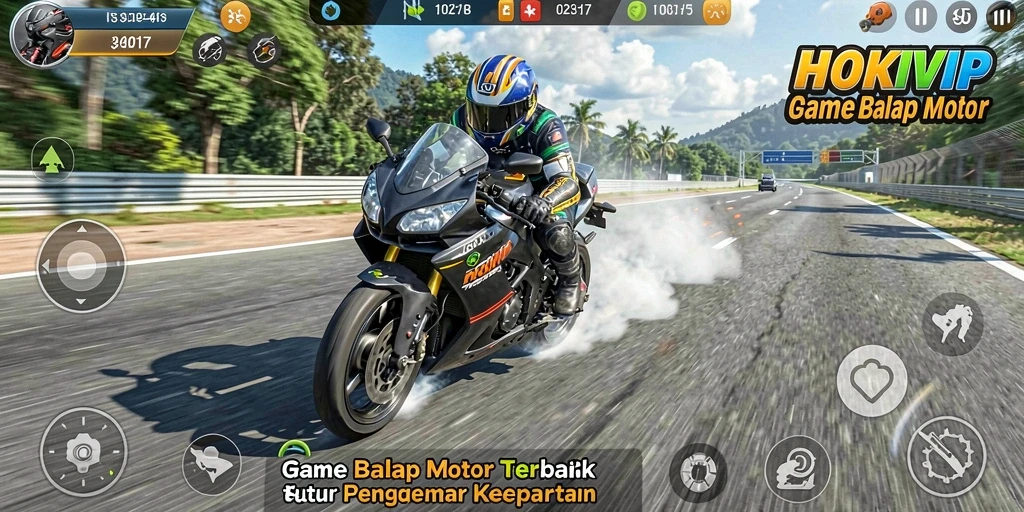Screenshot gameplay HOKIVIP yang menampilkan balapan motor yang cepat dan menantang.