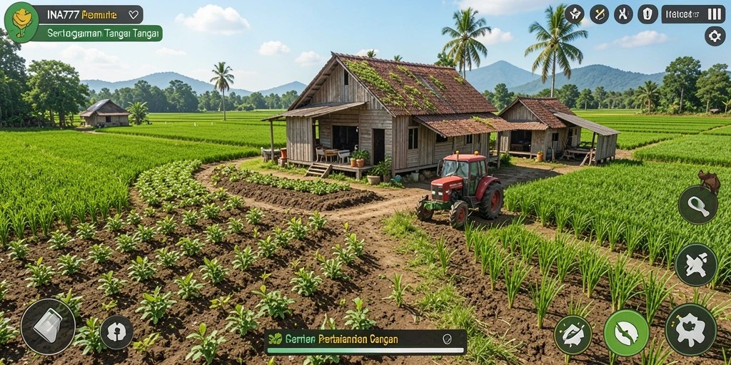 Tangkapan layar dari gameplay INA777 menampilkan kebun yang indah dan aktivitas bertani.