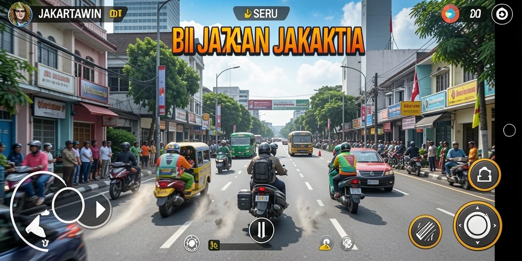 Screenshot gameplay JAKARTAWIN menampilkan balapan seru di jalanan Jakarta.