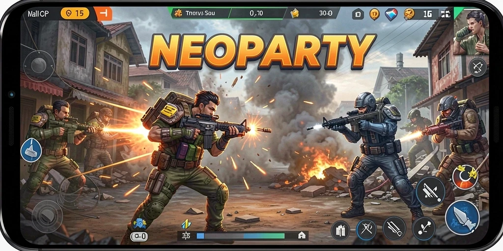 Tampilan gameplay NEOPARTY yang intens dan penuh aksi.