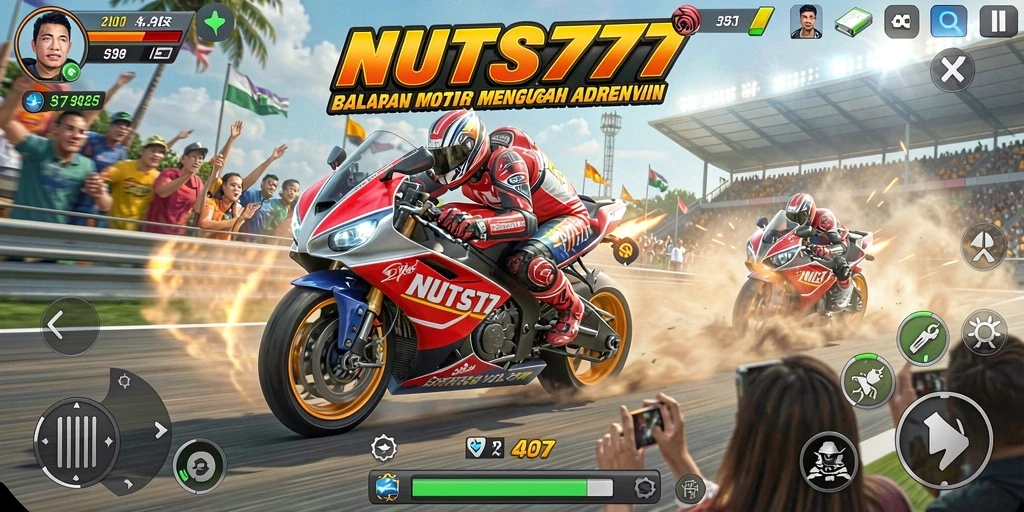 Tampilan screenshot NUTS777 menunjukkan aksi balapan yang mendebarkan.