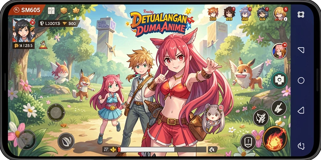Tampilan utama gameplay SM605 yang menampilkan karakter anime beraksi.
