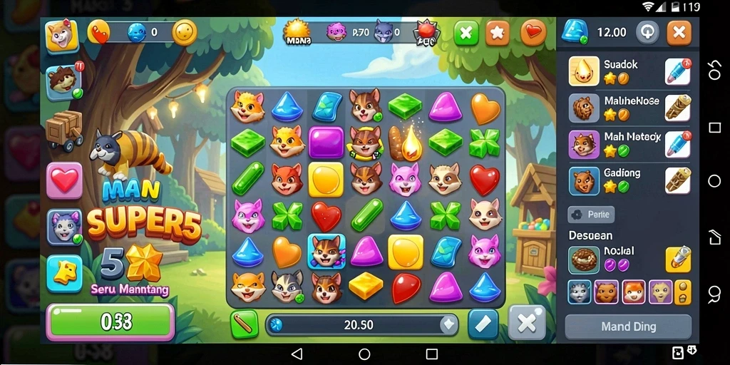 Screenshot SUPER5 menampilkan gameplay seru dengan ikon berwarna-warni dan aksi mencocokkan.