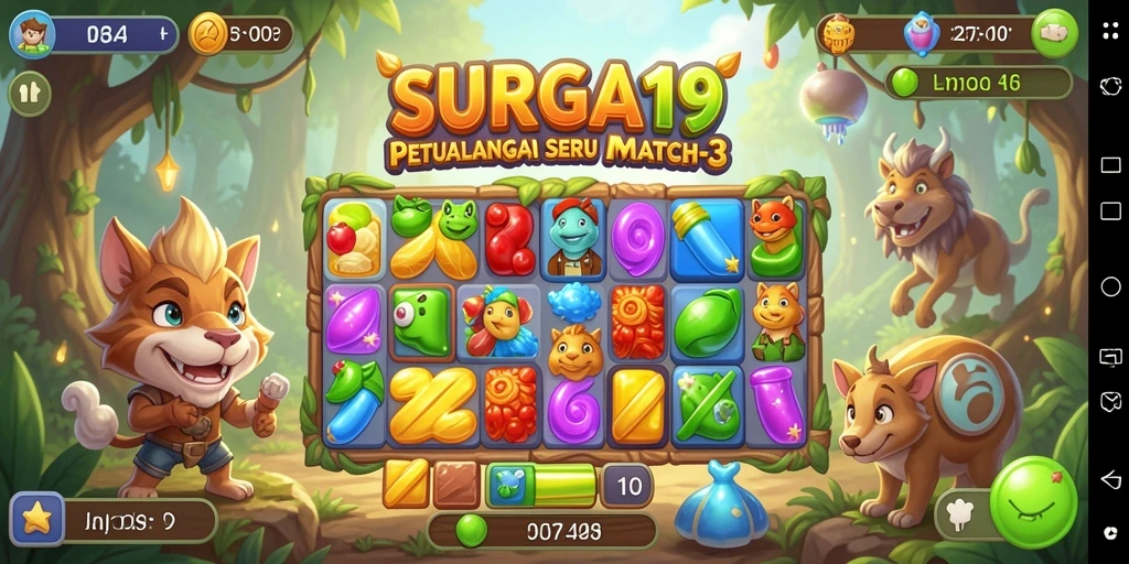 Tampilan gameplay SURGA19: mencocokkan permata yang cerah dan mengasyikkan.