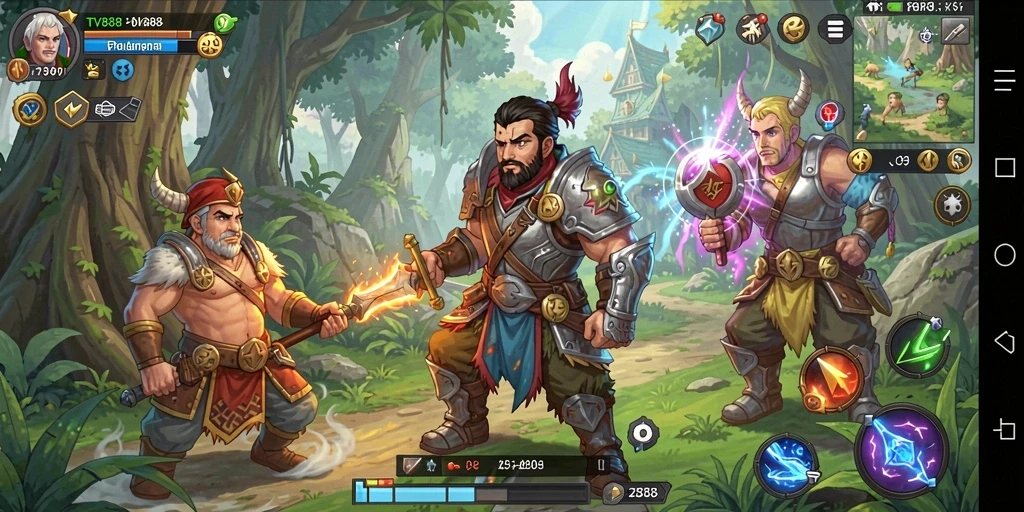 Screenshot gameplay TV888 menampilkan karakter dalam petualangan RPG yang menarik.