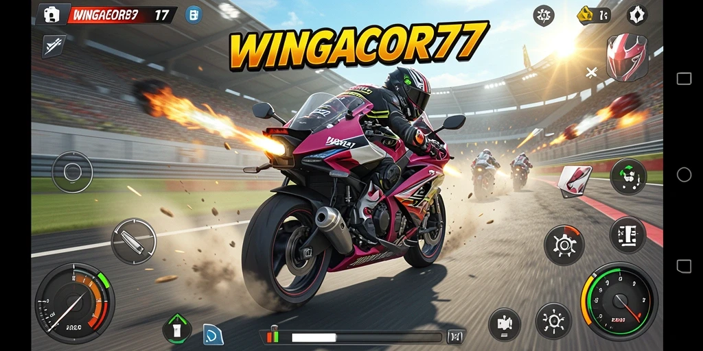 Screenshot gameplay WINGACOR77 menampilkan balapan motor aksi cepat.